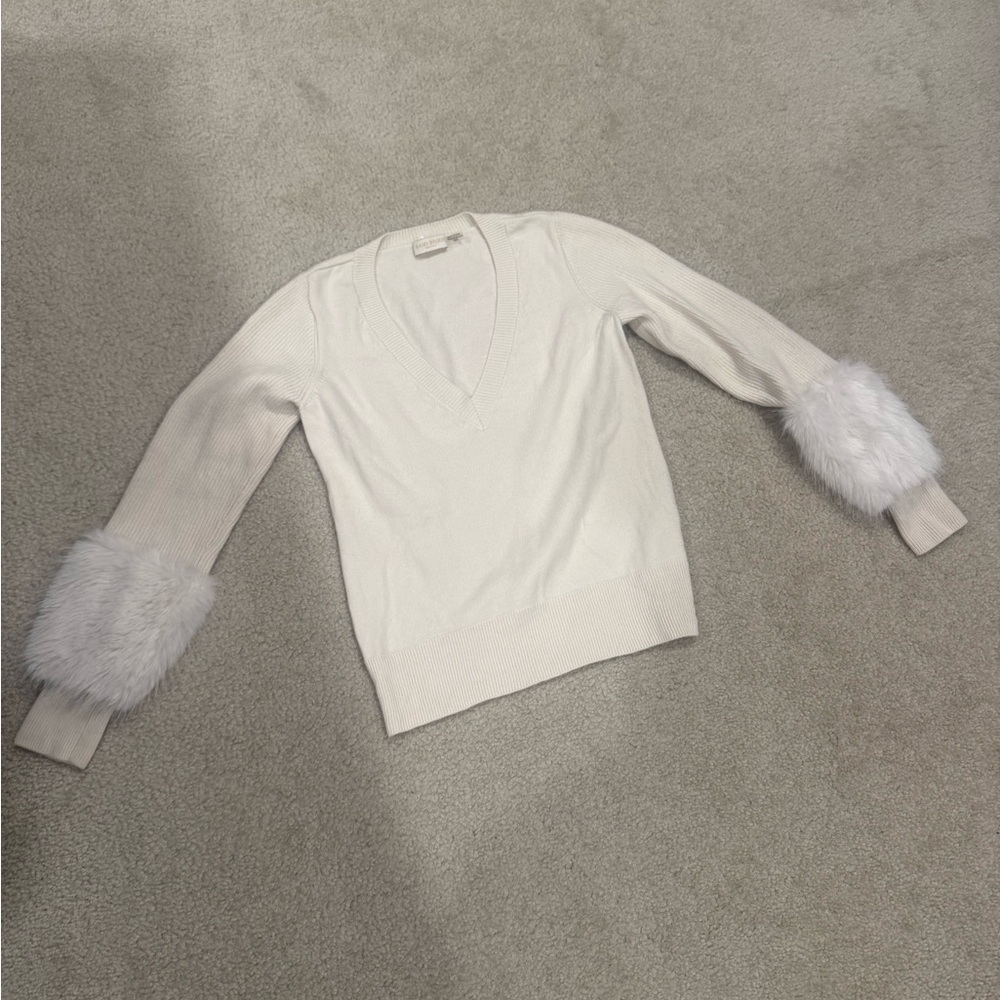 Ramy Brook White Sweater with Faux Fur Cuffs